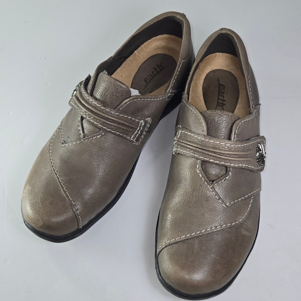 Earth Savin Dark Grey Leather Comfort Shoes Women's 8B Low Heel Mary Jane Buckle